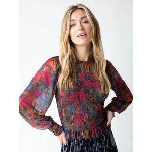 Natural Life Juliana Mesh Smocked Top S Sheer Dark Floral Ruffle Whimsigoth